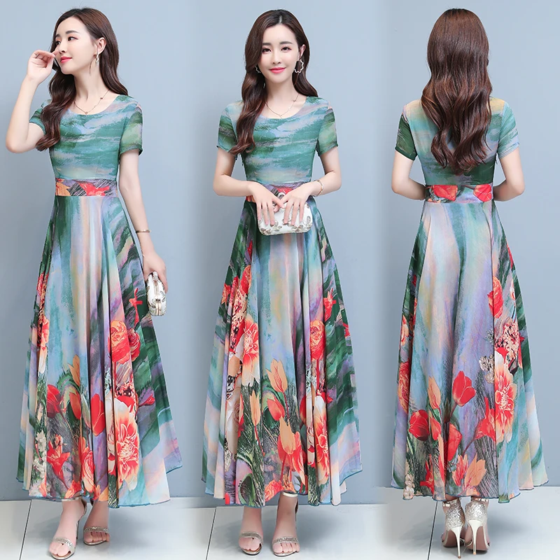 

2021 Korean Women Bodycon Party Maxi Vestido Summer Vintage Plus Size Boho Long Sundress Elegant Chiffon Casual Beach Midi Dress