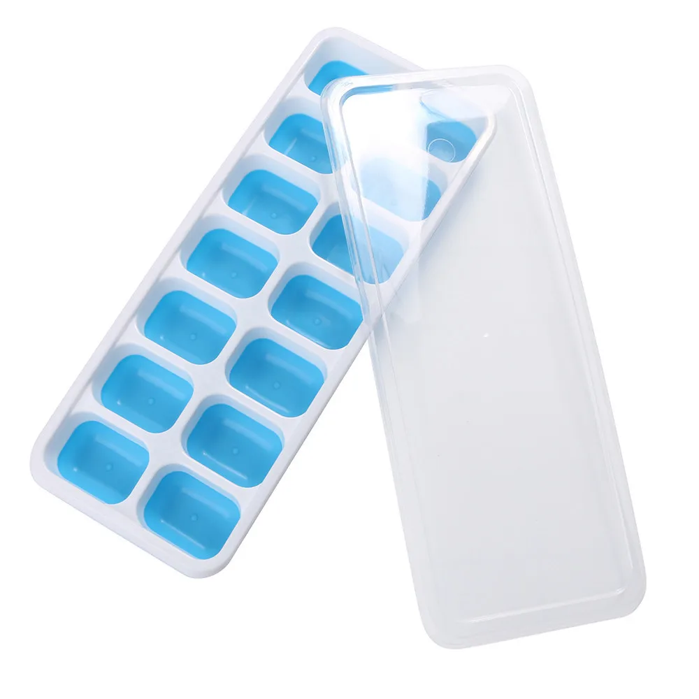 

1 Pc Covered Ice Cube Tray Set With 14 Ice Cubes Molds Flexible Rubber Plastic 20#