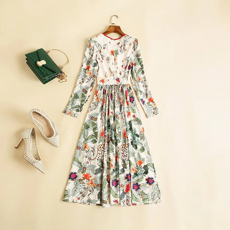 

Vestidos Feminino 2020 Autumn Women O-Neck Sexy Wild Animal Floral Print Long Sleeve Large Swing Casual Dress Clothing Ladies