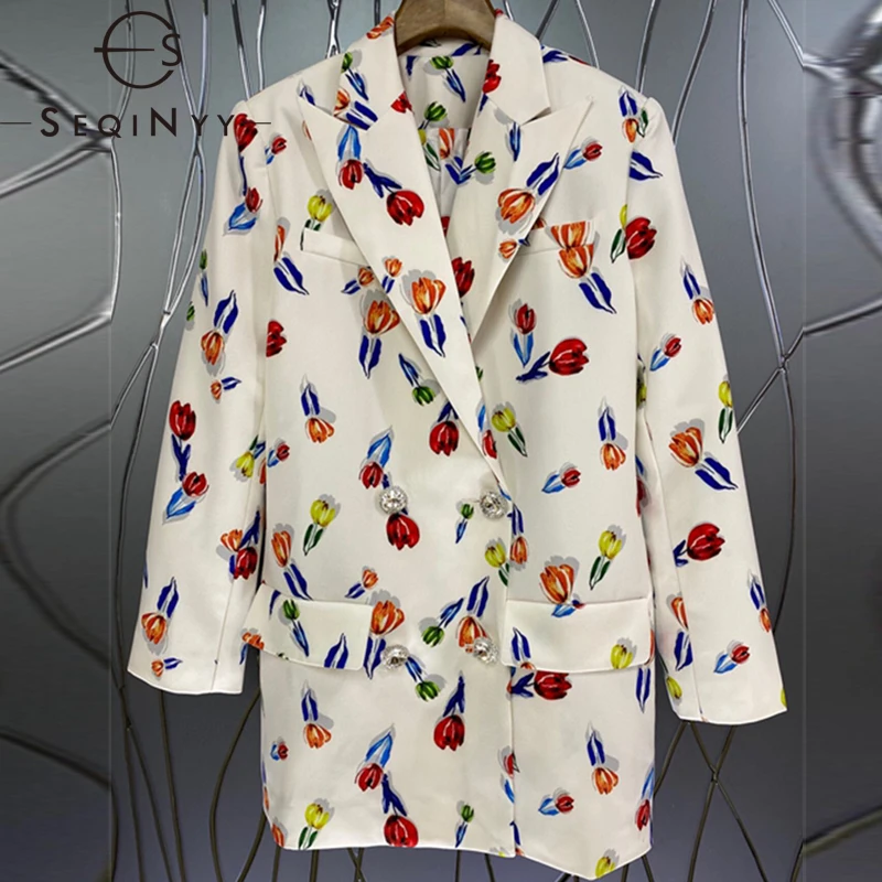 

SEQINYY Spring Autumn Blazer New Fashion Design Women Runway High Quality Crystal Button Flowers Print White Jacket
