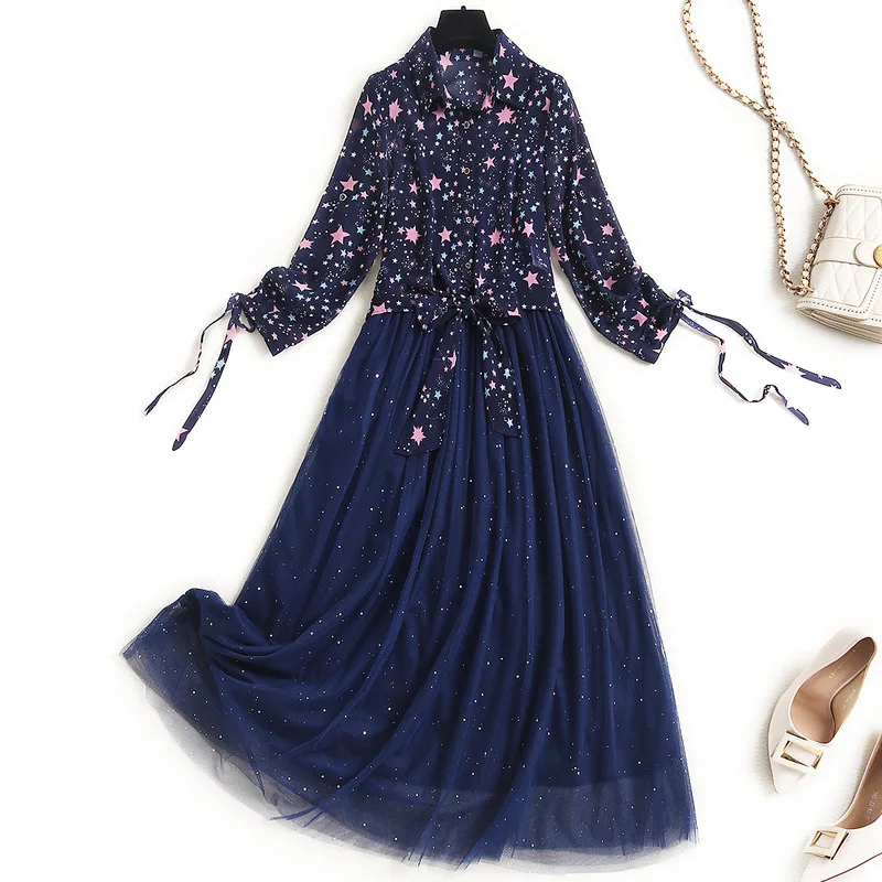 

Women plus size mesh dress and tops two piece set casual outfits spring summer 2021 stars chiffon shirts spaghetti strap dresses