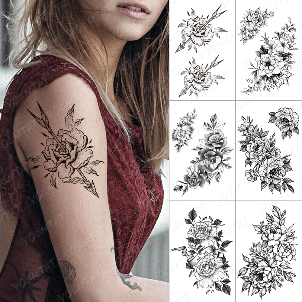 

Lines Roses Snake Flowers Temporary Tattoo Sticker For Women Adult Peony Waterproof Fake Henna Old School Body Art Tattoo Decal