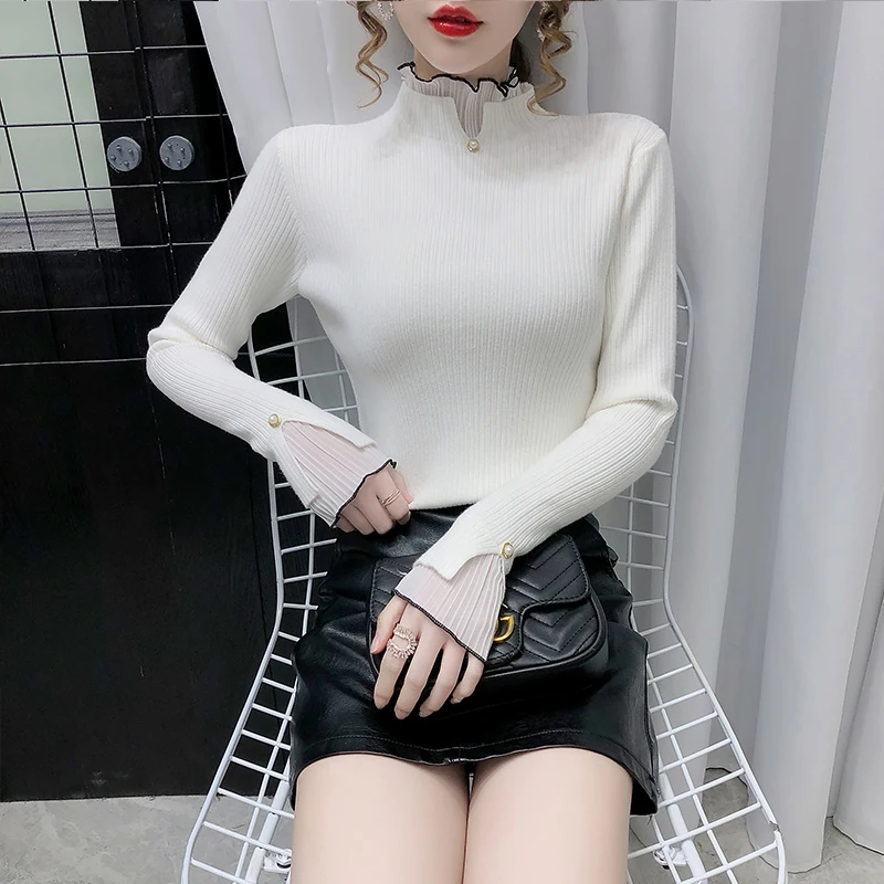 

2020 осень-зима модная Женская водолазка в Корейском Стиле Вязаная Лоскутная шифоновая верхняя одежда LX0014