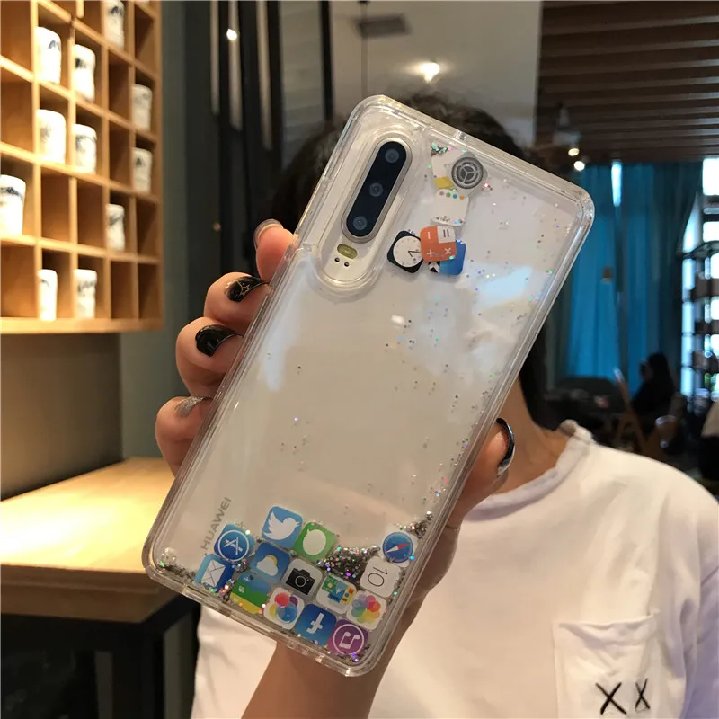 Чехол Quicksand с милым приложением значок Coque для huawei P20 P30 Pro Lite Nova 3 4 5 Honor V20 жидкий Жесткий ПК прозрачный чехол для телефона