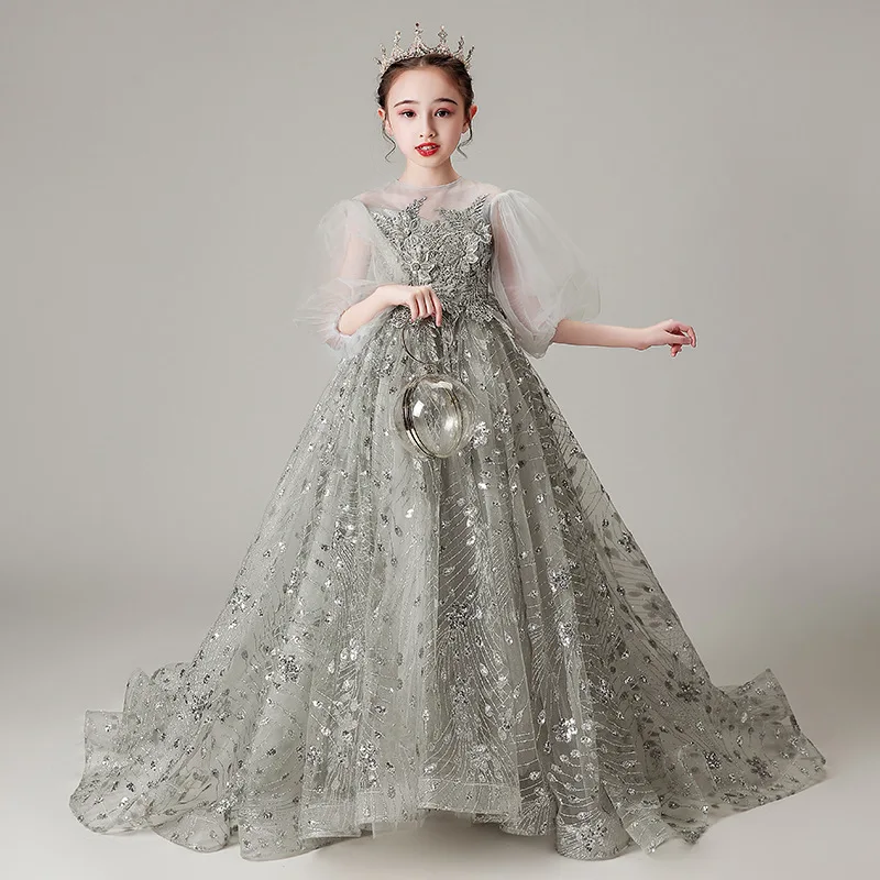 2023 Luxury Sequined Long Dress for Little Girls Toddlers Lantern Sleeves Appliques Mermaid Ball Gowns for Formal Party Vestidos