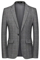 grey plaid suit jacket blazer notch lapel single breasted one button spring autumn regular fit casual bussiness costumes tuxedos