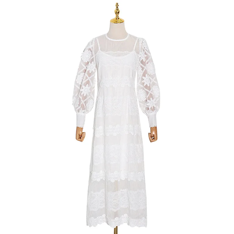 

Tide brand winter new fashion temperament perspective white sexy lace lantern sleeve long dress women