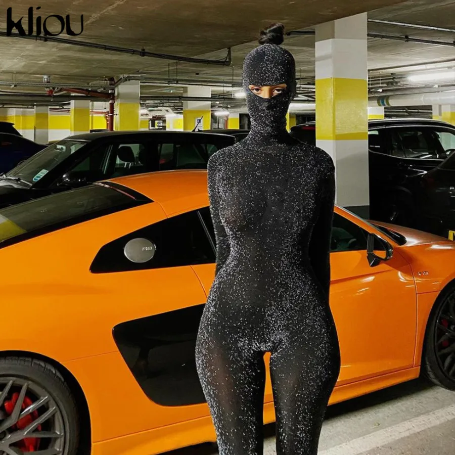 

Kliou Shiny Outstanding Bodycon Hooded Jumpsuit Women Long Sleeve Sexy Backless Fashion Streetwear Skinny Slim Female Overall