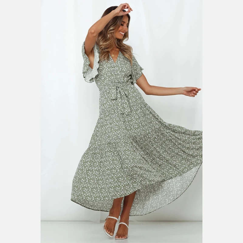 

2021 new Casual Printing Floral V-neck short-sleeved lace-up printed mid-length large-length short prom sexy dress