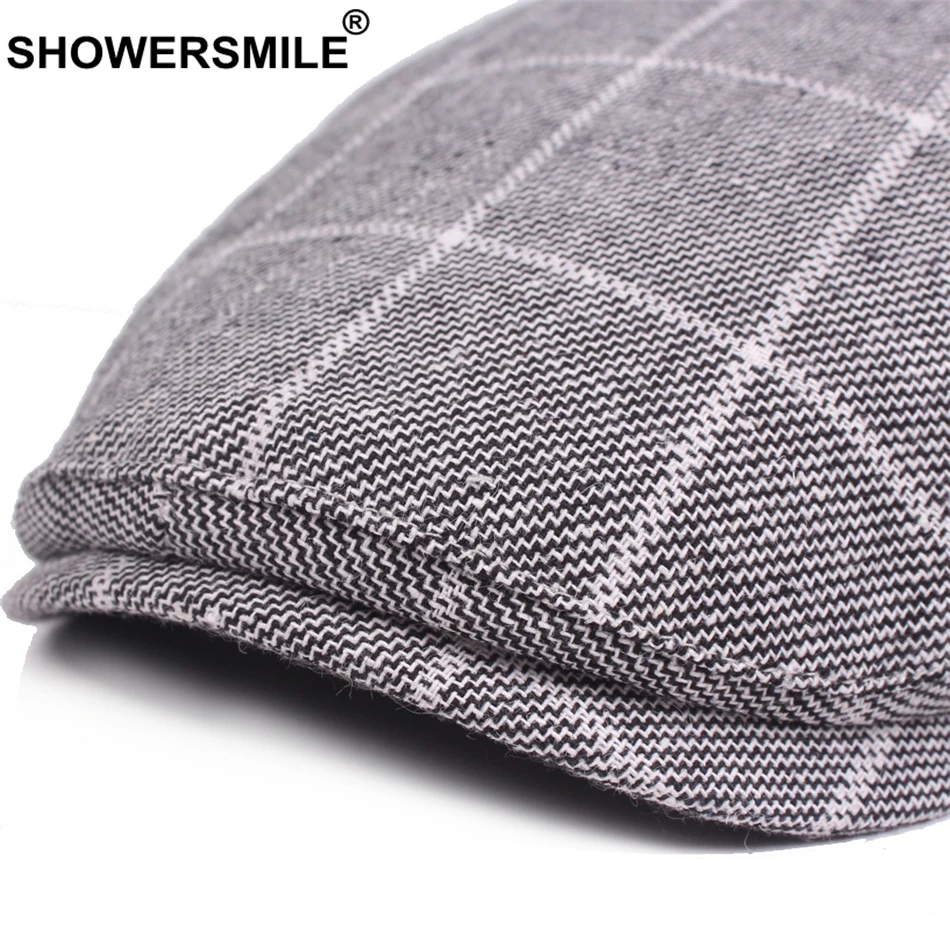

SHOWERSMILE Men's Blue Berets Plaid Adjustable Cotton Flat Cap Male Summer Autumn Classic England Breathable Duckbill Hat New