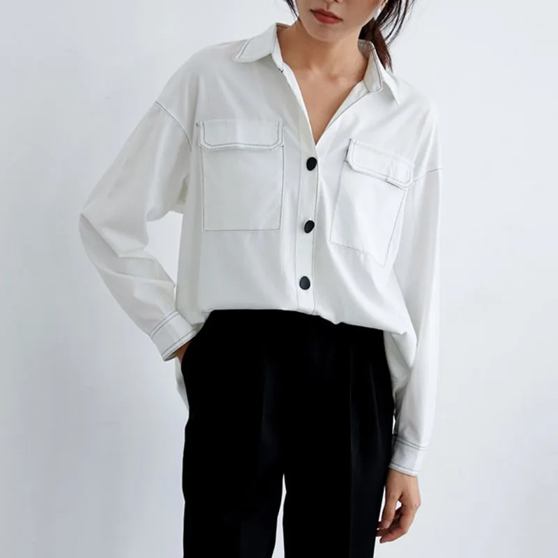 

Women Long Sleeve Casual Shirts New Arrival 2021 Spring Korean Style Solid Color All-match Loose Ladies Elegant Tops W103