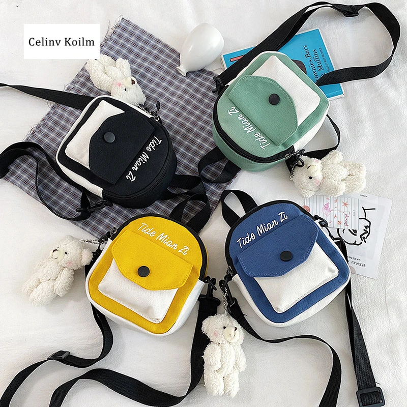 

Celinv Koilm New Cartoon Fashion Canvas Shoulder Bag Hit Color Student Trend Messenger Mini Square Bag Wholesale