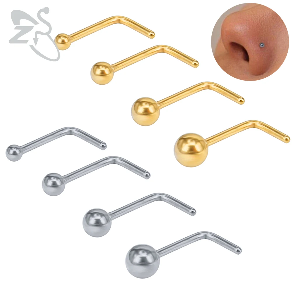 ZS 4pcs/lot Nose Studs Ball Round Rings L-Shape Gold Nostril Piercings Stainless Steel Piercing Body Jewelry For Women | Украшения и