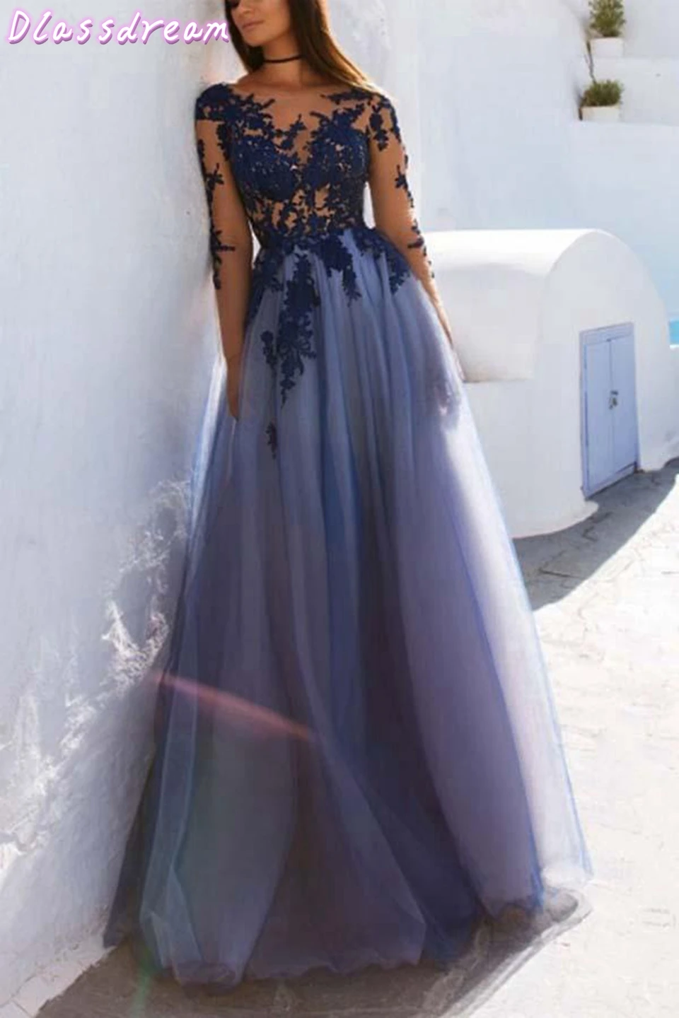 

Blue Prom Dresses Formal Party Robe De Soiree Long Sleeves Hollow Out Appliques Vestido Scoop Neck Tulle Long Maxi Evening Gowns