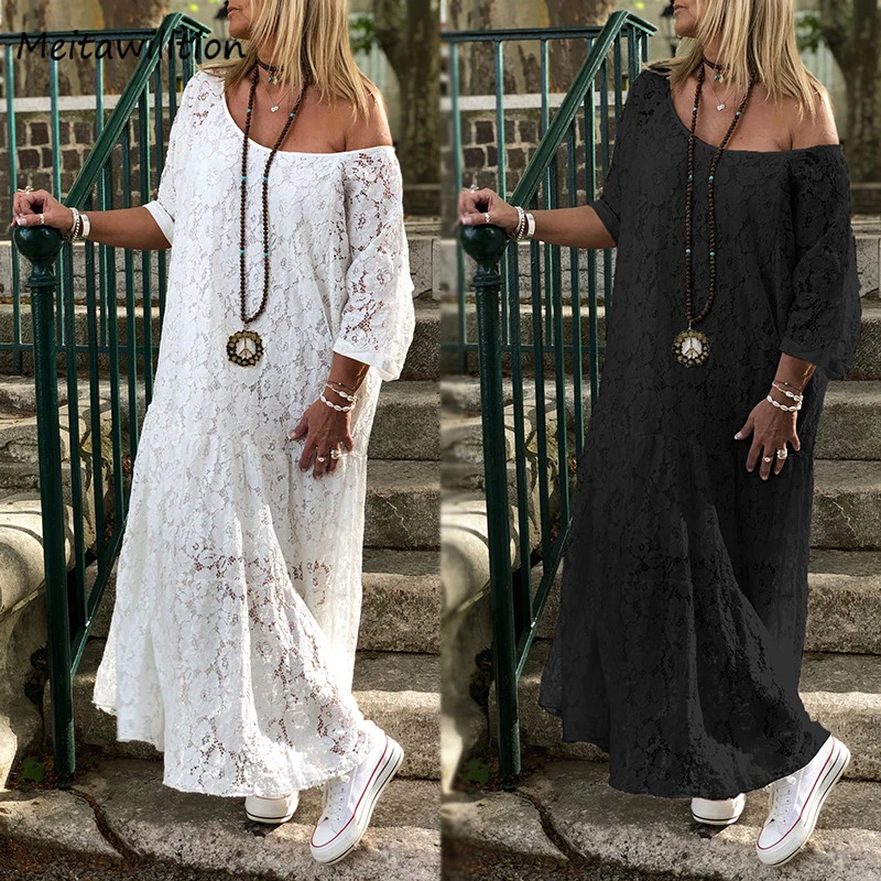 5XL весеннее женское кружевное платье макси с вязаным крючком 2020 повседневное