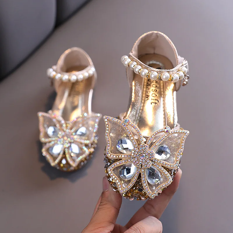 Girls Sequin Lace Bow Kids Shoes Girls Cute Pearl Princess Dance Single Casual Shoe 2022 New Children's Party Wedding Shoes D721