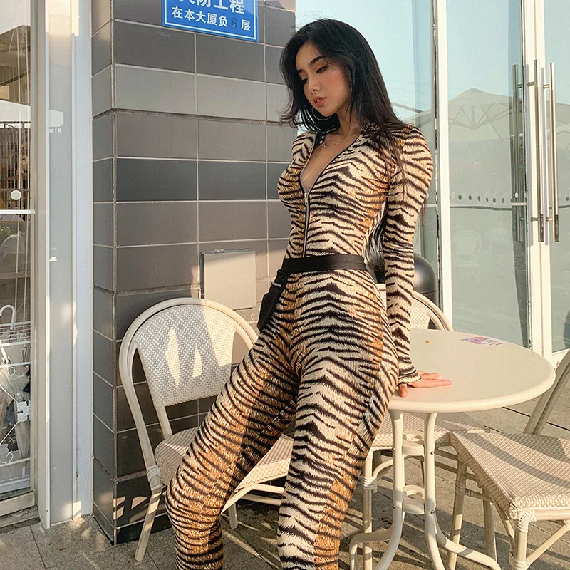 Бодикон с принтом тигра длинным рукавом на молнии дизайнерский