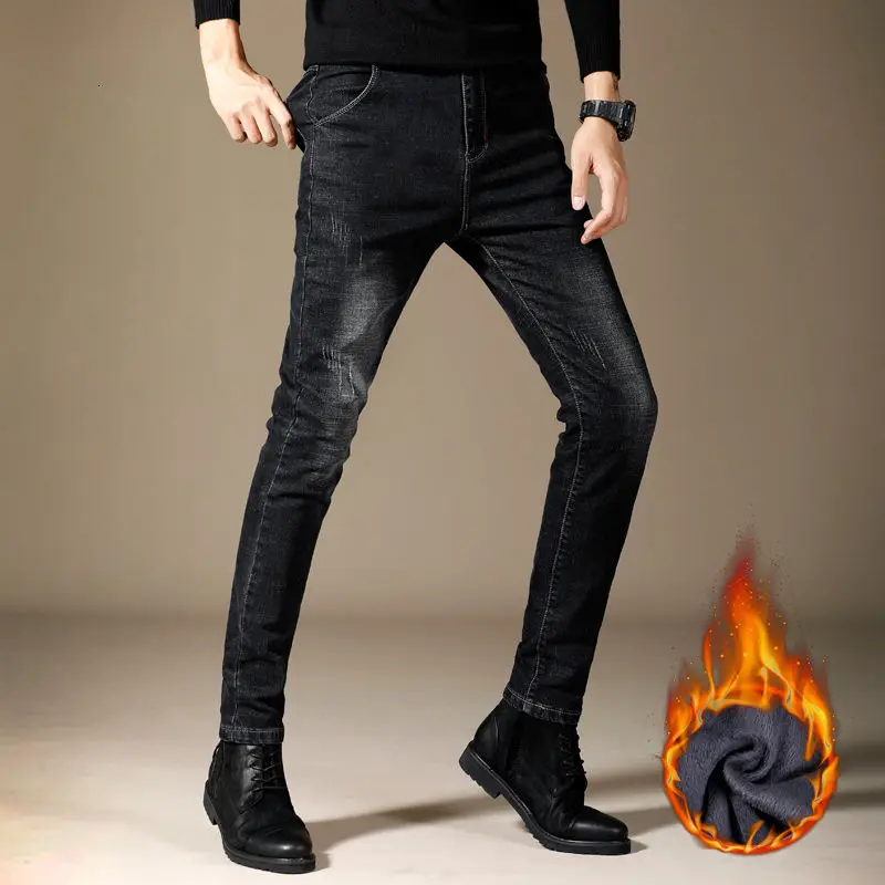 

Мужские джинсы с флисовой подкладкой, повседневные облегающие эластичные утепленные прямые джинсовые брюки, новинка зимы 2020