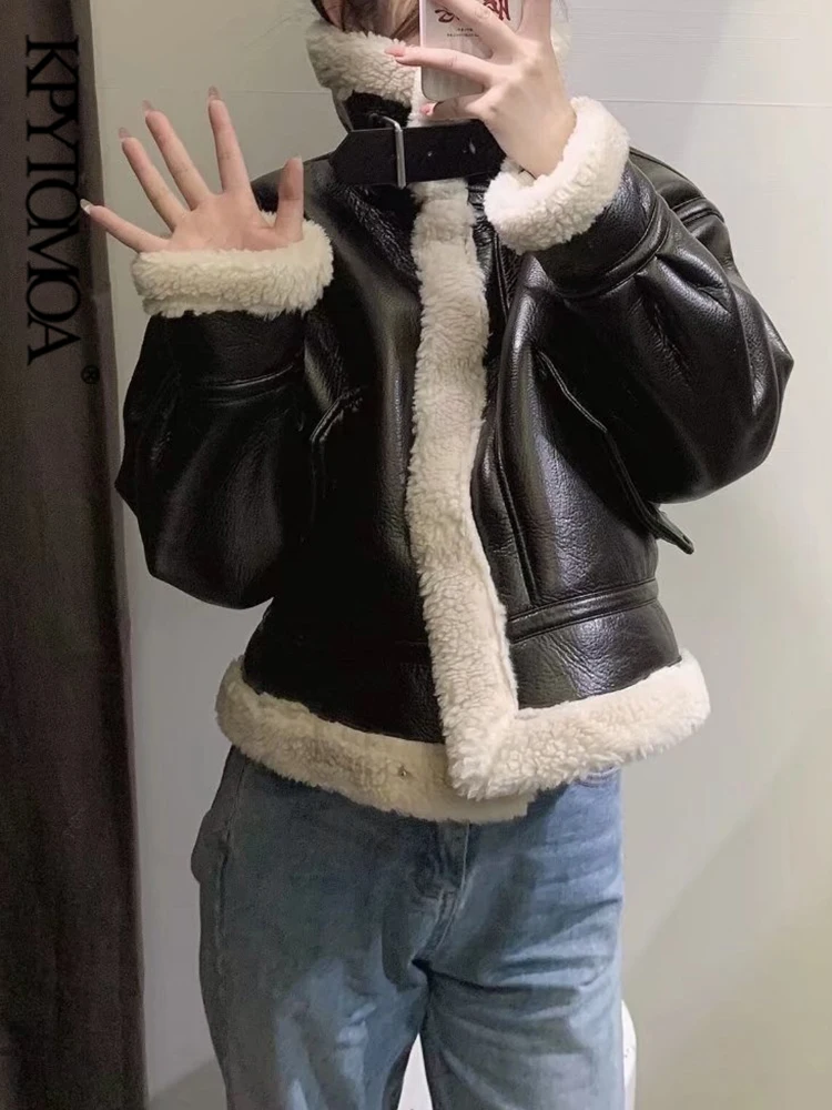 Vintage Long Sleeve Flap Pockets Female Outerwear Chic Tops Women Fashion Thick Warm Faux Leather Shearling Jacket Coat enlarge