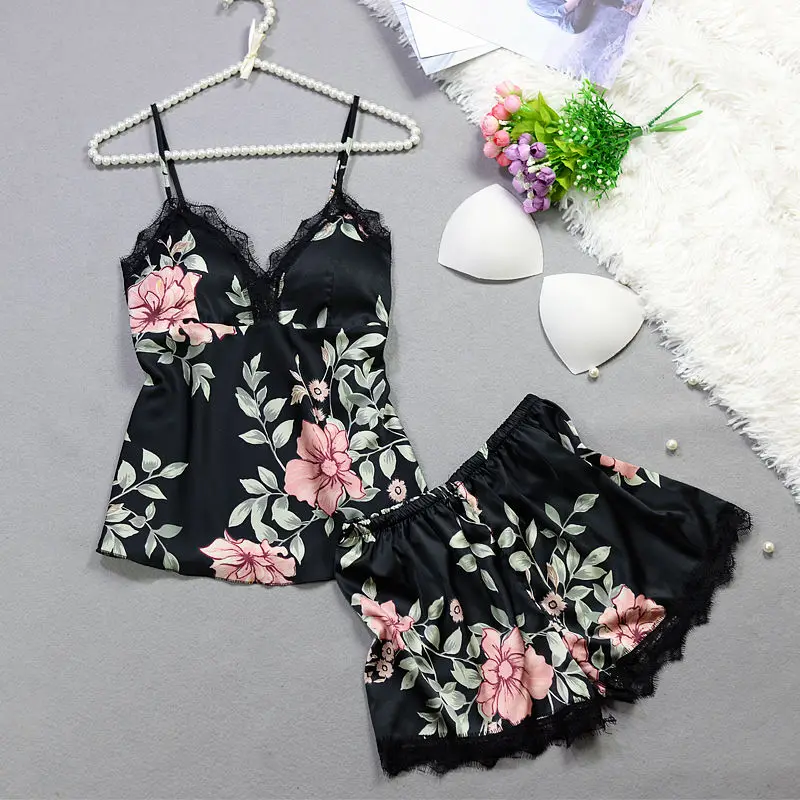 

Ice silk pajamas women's summer silk suspender vest Shorts Set Korean printed home wear two piece set with bra