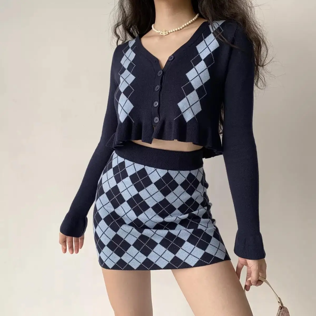 

Vintage Plaid Knitting Skirt Sets for Women Long Sleeve Ruffle Crop Cardigans Sweater +Skirt Ladies Knitwear 2021 Autumn Spring