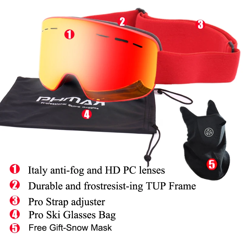 Брендовые лыжные очки PHMAX 6 цветов двухслойная противотуманная большая Лыжная