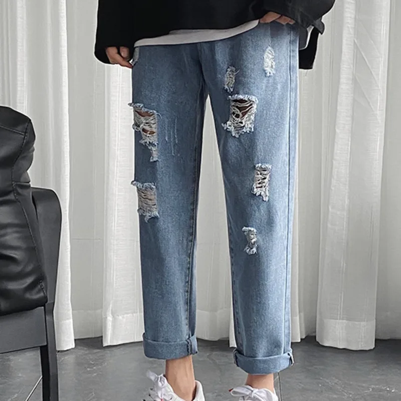 Ripped Jeans Men's Fashion Washed Retro Casual Loose Straight Hole Jean Pants Men Streetwear Hip Hop Denim Trousers Mens