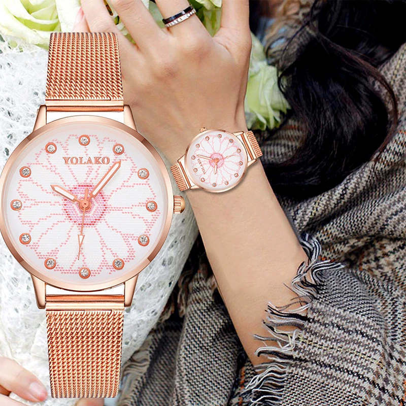 Женские роскошные часы из розового золота модные креативные с цветочным узором и