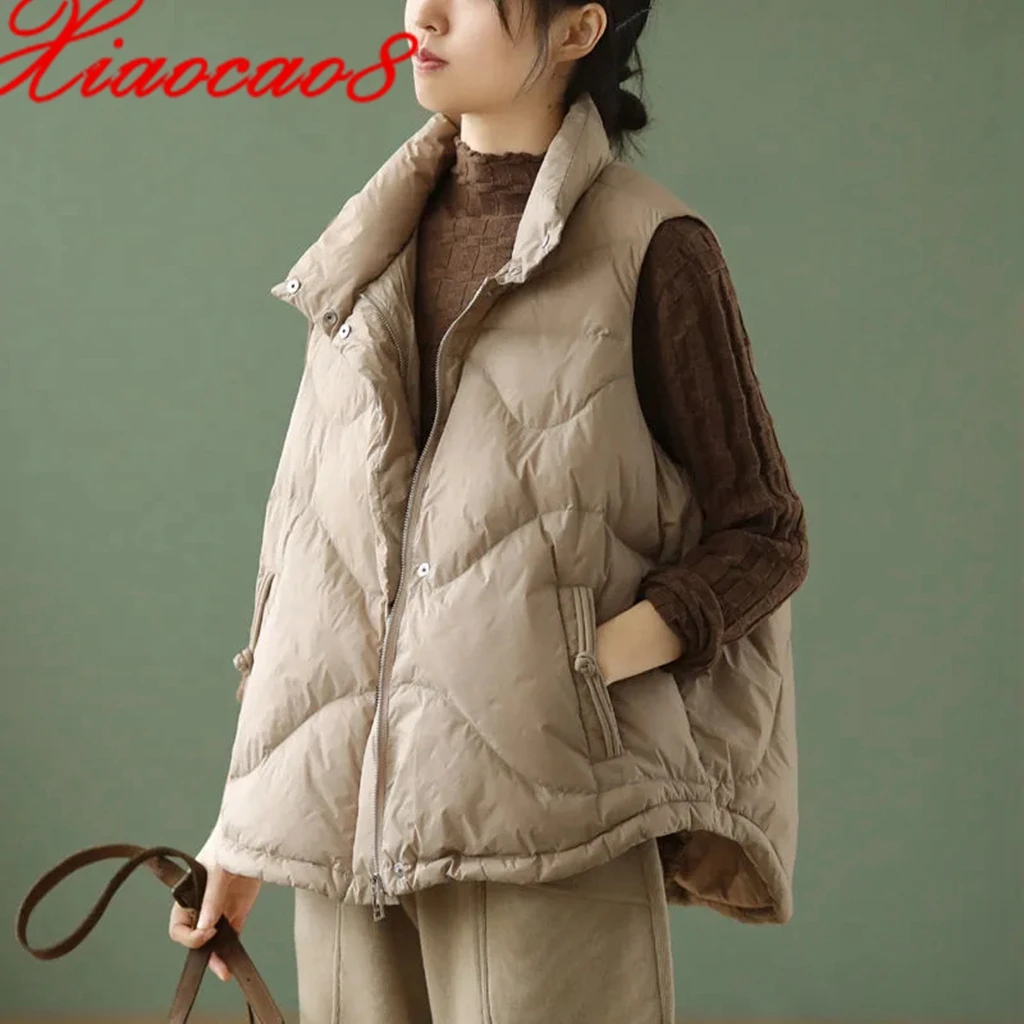 

Women White Duck Down Short Vest Oversize Loose Stand Collar Sleeveless Jacket Female Winter Casual Waistcoat Women's Warm Vest