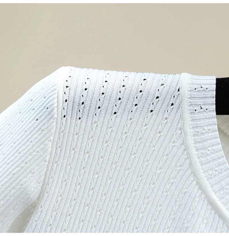 

2021 Summer Stitching Fake Two Pieces Short Sleeve Women Shirt Korean Pleating Hollow Stretchy Ice Silk Knitted Blusas Top