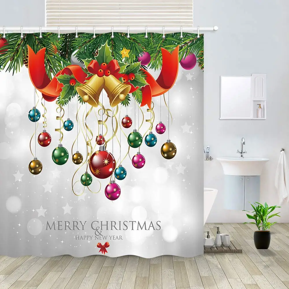 Colorful Christmas Balls Hang on Pine Tree and Xmas Bell New Year Holiday Decor Shower Curtain | Дом и сад