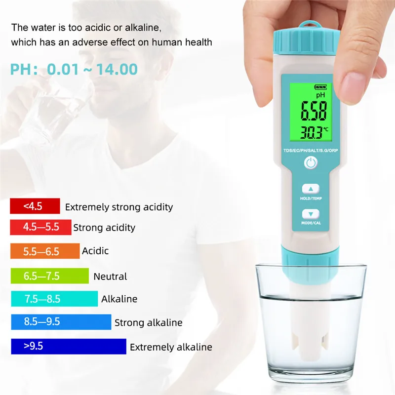 Соленость 7 в 1 Tem EC TDS ORP PH S. Цифровой измеритель чистоты воды водонепроницаемый