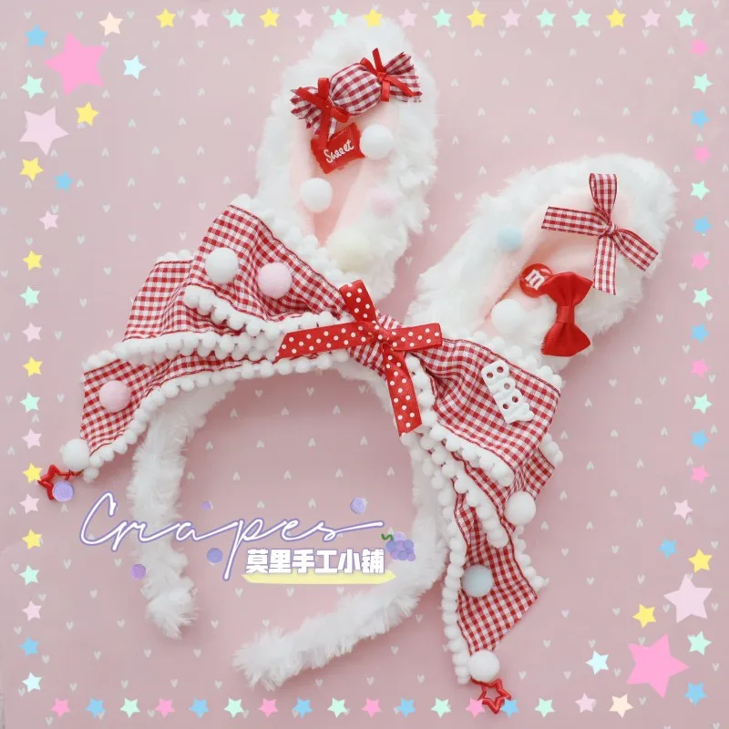 

Handmade Origional Sweet Hair Band Plush Rabbit Eared Plaid Bow Lolita Accessories Strawberry Headdress