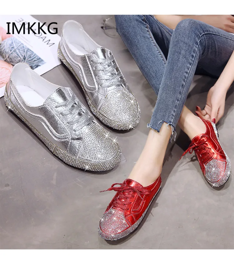 Новый 2018 модная обувь дорогие женская со стразами на плоской подошве шнуровке