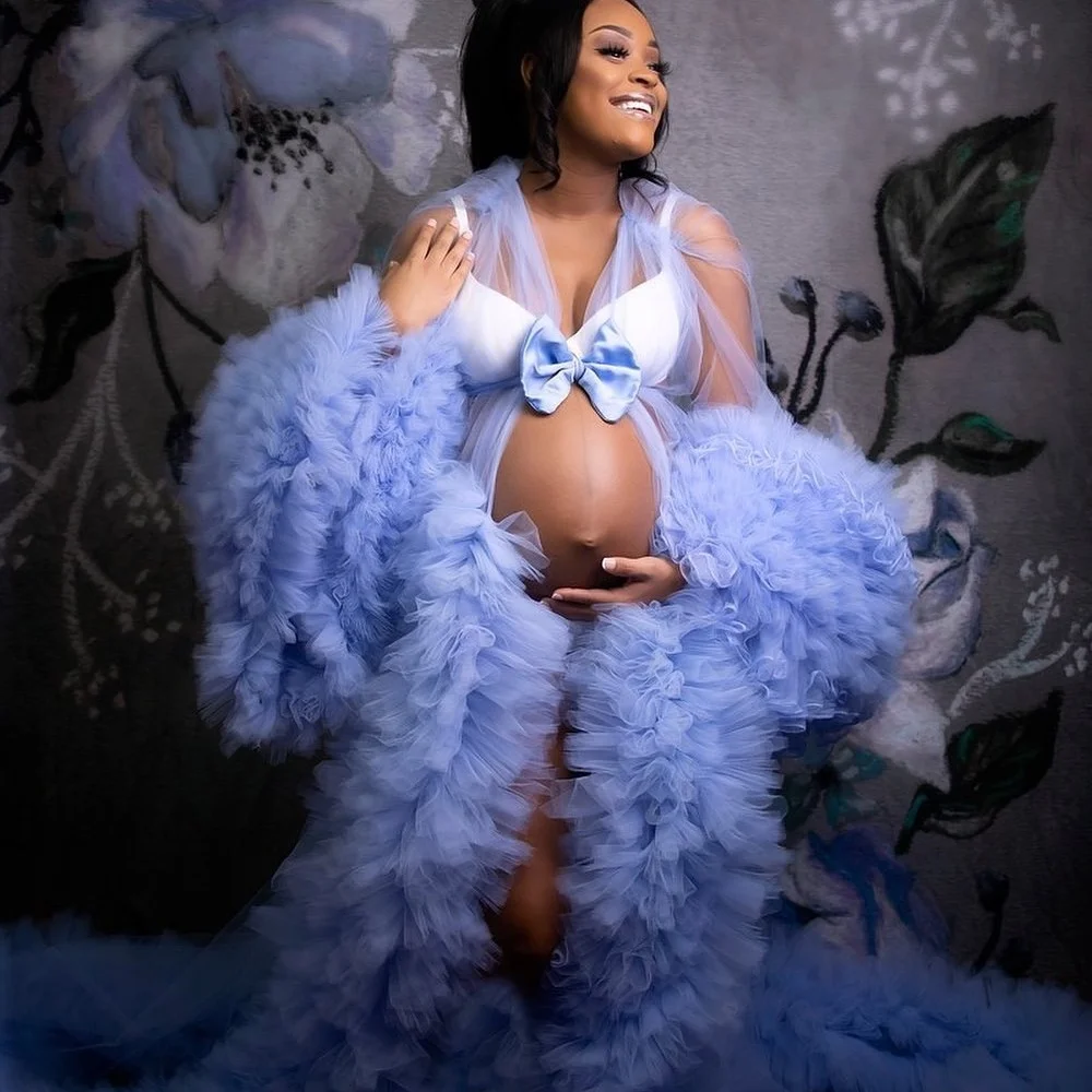 

2022 Pregnant Women's Prom Dresses with Bow Sash Maternity Long Robes for Photo Shoot Ruffles Sexy Evening Gowns vestidos