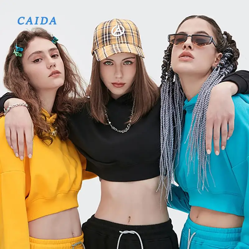 

CAIDA 2021 NEW Short Hoodies Women Solid Sweatshirt Tracksuit Long Sleeve Female Crop Top 2021 Fashion Korean Hoodie
