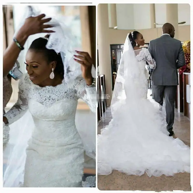 

African Luxury Mermaid Wedding Dresses Long Sleeves Lace Appliques Beaded Court Train Organza Ruffles Tiered Bridal Gowns