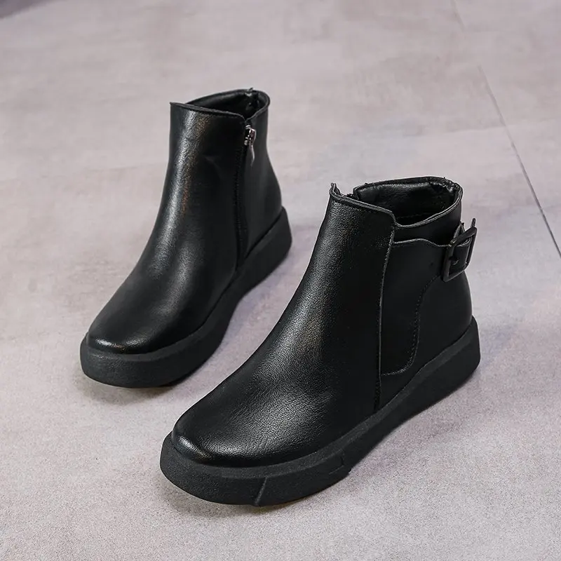 

2021 Leisure Style Black PU Leather Women Boots Flat Booties Soft Women's Shoes Side Zip Ankle Boots zapatos mujer Big Size 42