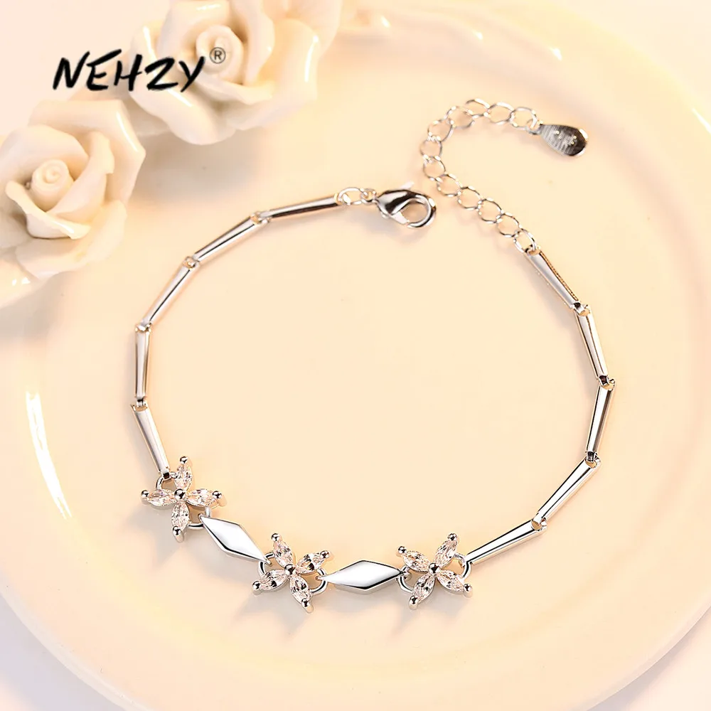 

NEHZY S925 Stamp Silver New Woman Fashion Jewelry High Quality Crystal Zircon Four Leaf Clover Bracelet Length 15.5CM+4CM