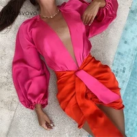 2021 womens dress sets deep v neck satin bodysuit bodycon mini pleated skrit two piece long sleeve sexy dress sets for women