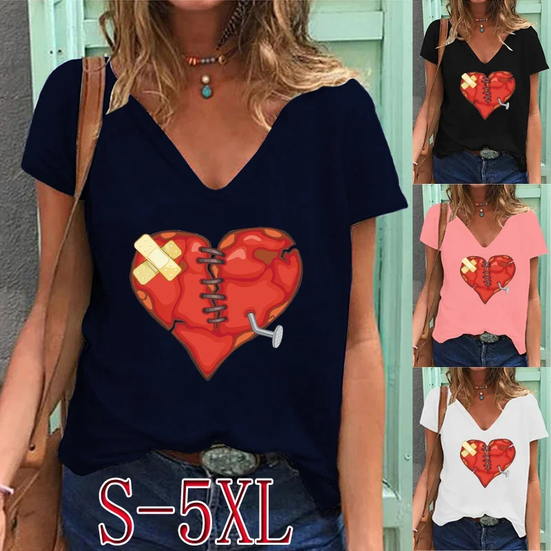 

Plus Size Women's V-neck Short Sleeve T-Shirts Heart Broke Printed Shirt Ladies Casual Loose Tops Solid Color Blouse S-5XL