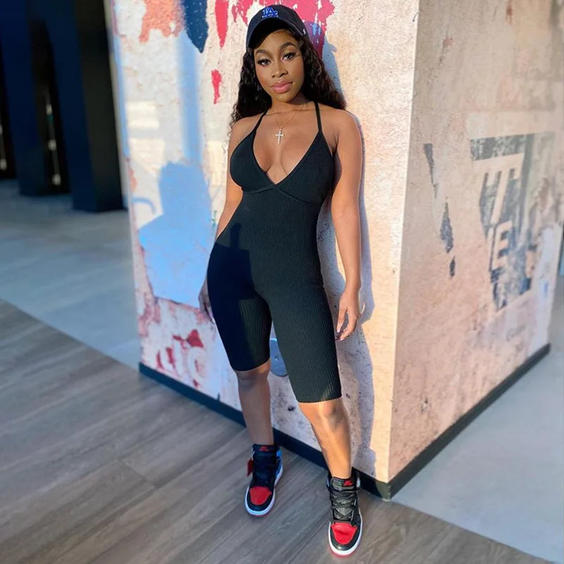 

Sexy Backless Rompers Jumpsuits Fashion High Street Casual Ribbed Knitted Women Playsuit Slim Solid Fitness Sport Playsuit