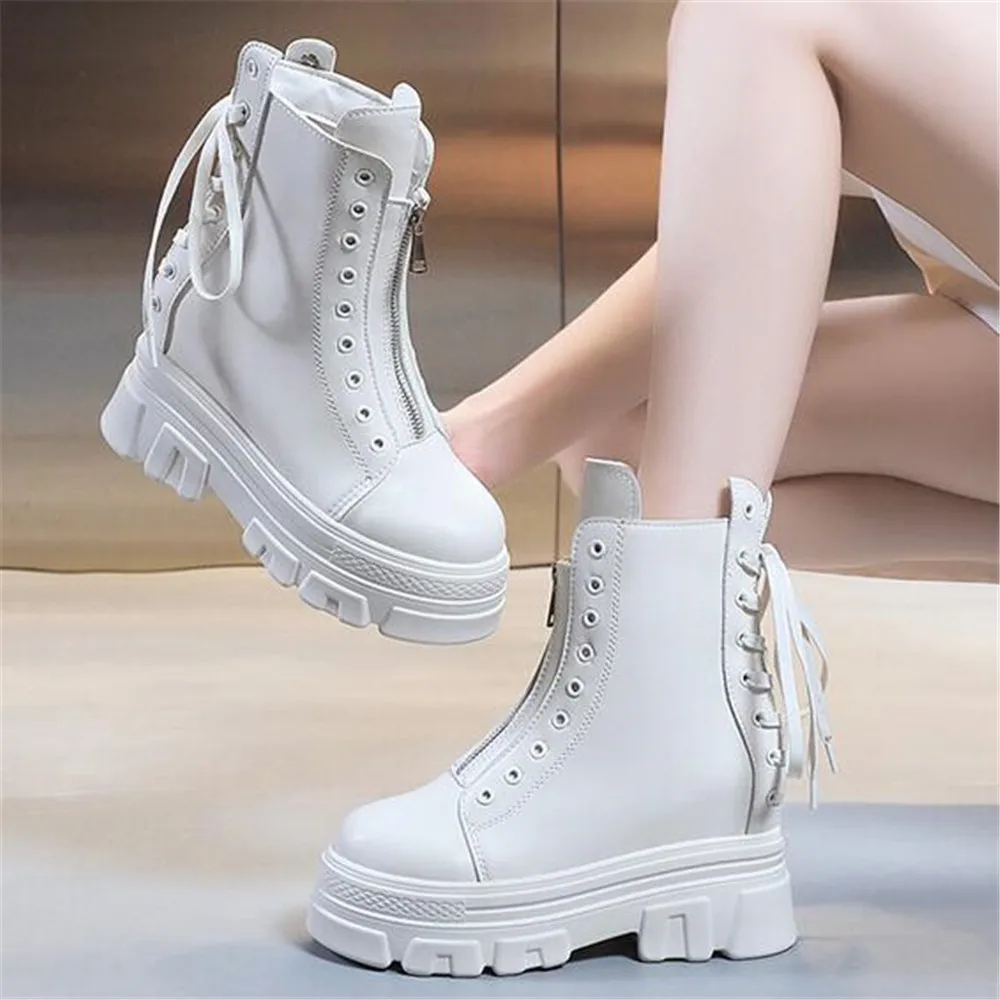 

Women Thick Heel Ankle Boots New Back Lace Up Shoes Chunky Autumn Fashion Leather Punk Platform Front Zip Combat Booties Black