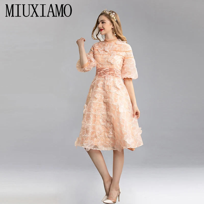 

MIUXIMAO High Quailty 2020 Sping Dress 3D Embroidery Flower Full Sleeve Elegant Screen stitching Casual Dress Women vestidos