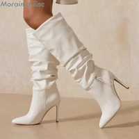 pleated solid slip on pointed toe boots knee high lace up decoration new fashion women botas spring autumn winter black white