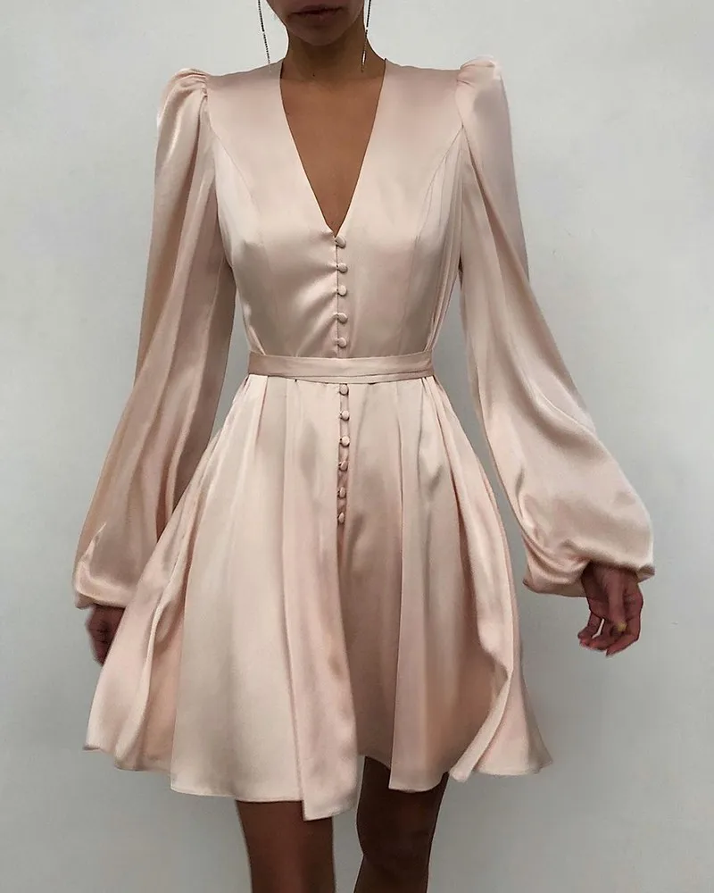 

Solid Puffed Long Sleeve Ruched Button Front Casual Work Dress Women V Neck Elegant Fit Flare Mini Dress Dropshipping