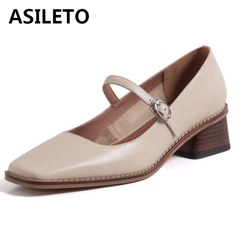 

ASILETO 2021 Retro Genuine Leather Pumps Square Toe Mary Janes Buckle Strap 3.5cm Chunky Heel Shoes Size 33-40 Apricot A4262