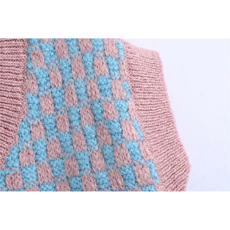 

Women Sprint Autumn Fashion Za Knitted Plaid Blue Pullover Vest Chic Lady Casual V-NecK Sleeveless Loose Sweaters Jumerps