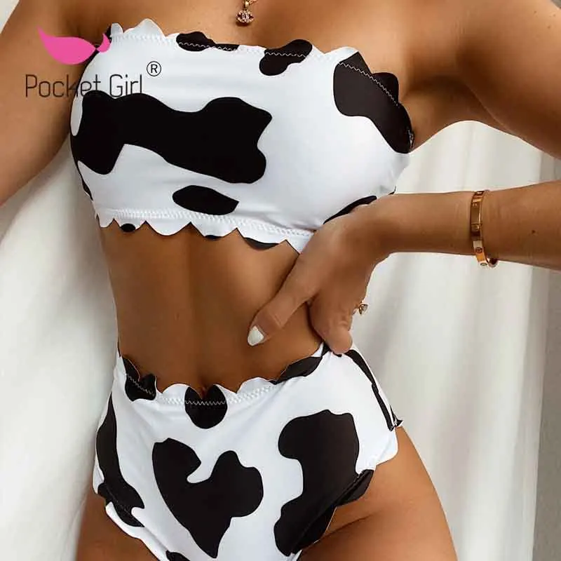 

Карманная девушка 2020 сексуальный комплект бикини с коровьим принтом купальник-бандо женский купальник стринги Бразильское бикини без брет...