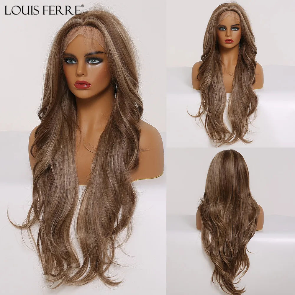 Длинные волнистые коричневые подсвечивающие синтетические кружевные передние